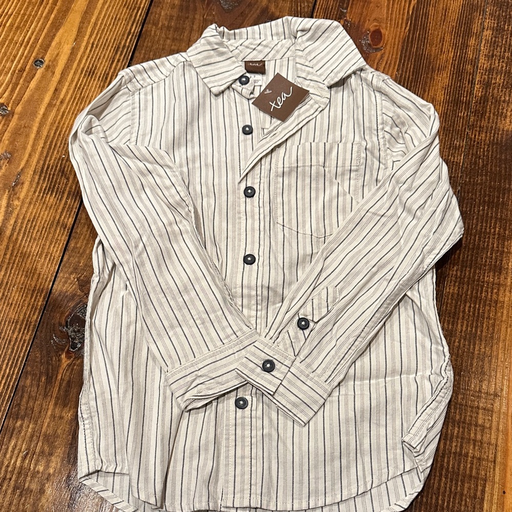 Tea Collection Kids Button Down Shirt - Cream and Gray Stripes